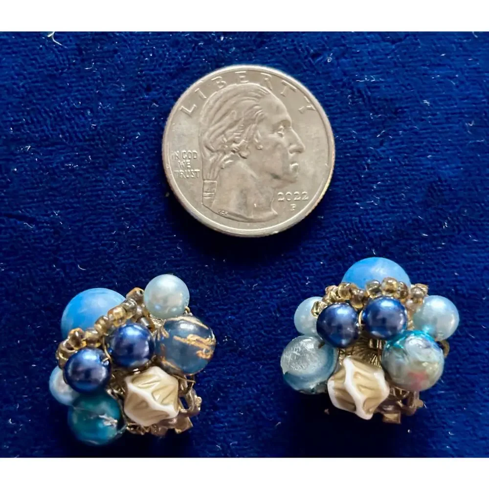 Vintage Japan Necklace and Earrings Lot 2 Blue Multi Color Gold Venetian Glass